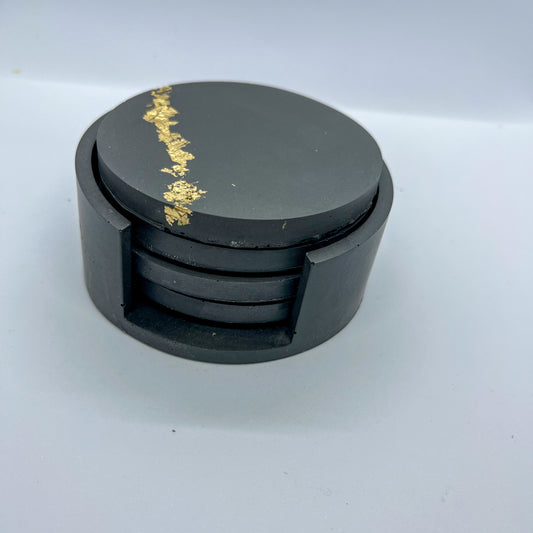 set van 4 onderzetters en houder - zwart/goud vlokken