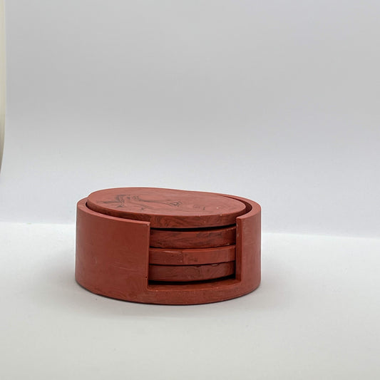 set van 4 onderzetters en houder - baksteen rood/donker rood marble