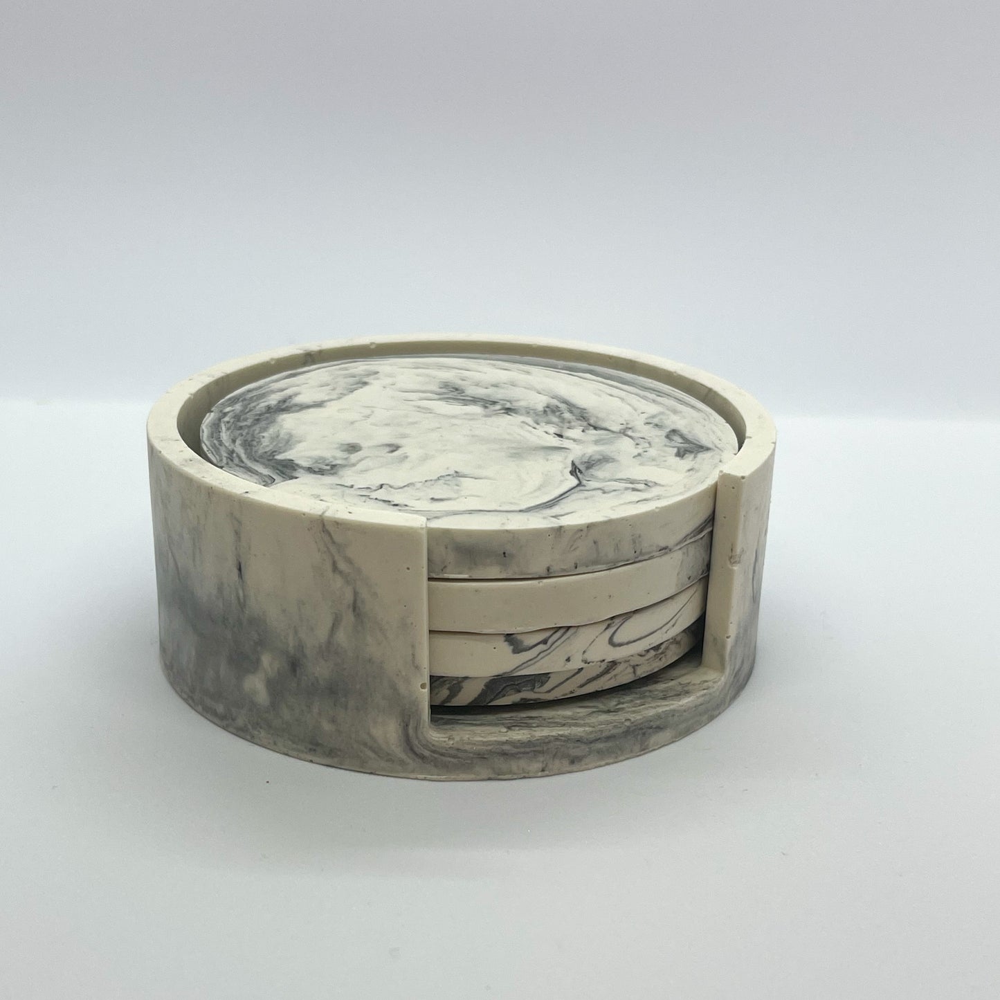 set van 4 onderzetters en houder - wit/zwart marble